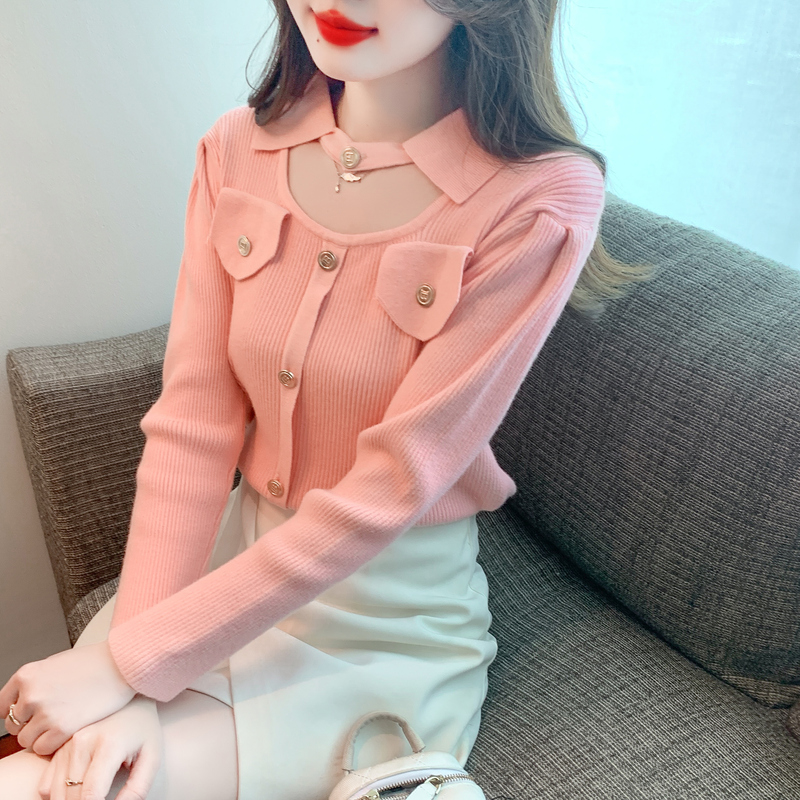 实拍#新款冬季韩版修身打底镂空针织泡泡袖网红打底上衣