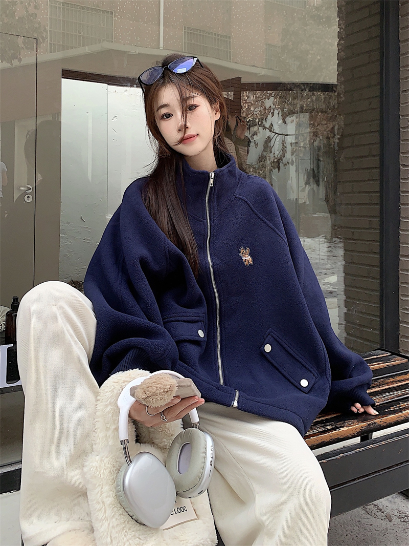 Actual shot: Casual loose college style solid color warm double-sided velvet windproof jacket autumn and winter new style