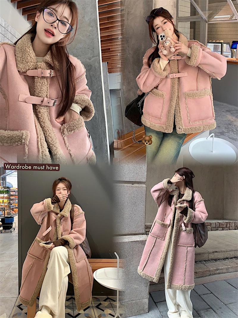 Real shot: new autumn and winter retro pink deerskin lambswool coat + mid-length plush coat