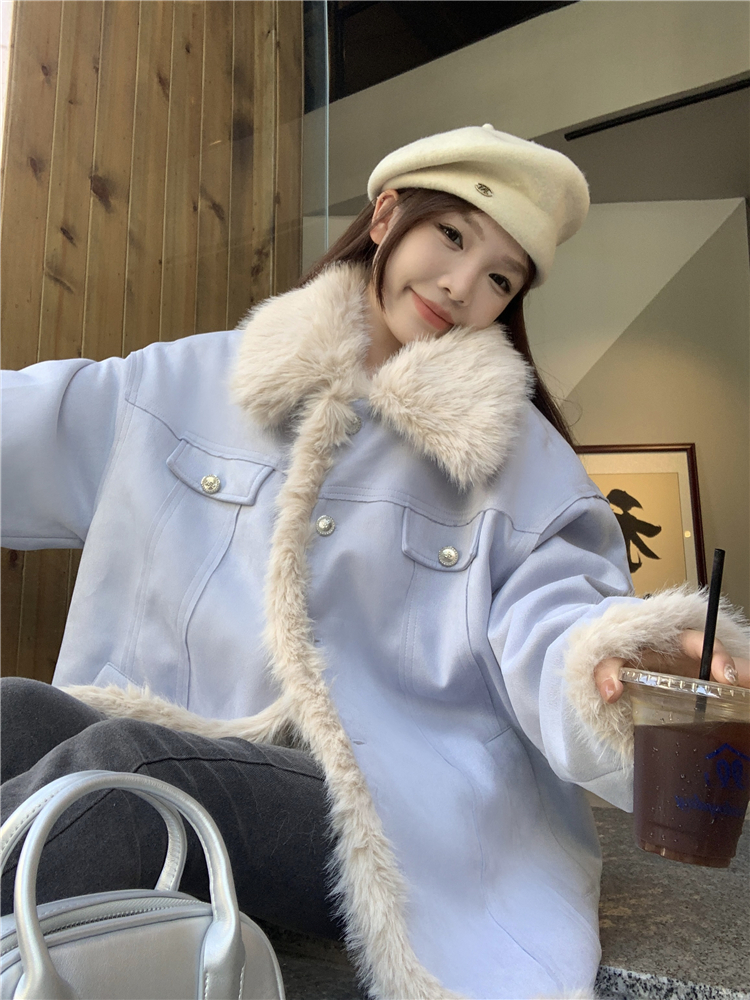 Actual shot~Autumn and winter warm lapel loose fur stitching quilted jacket for women