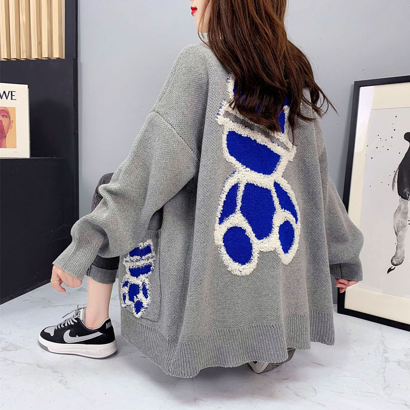 Korean style cartoon sweater cardigan for women  new autumn versatile loose lazy style knitted jacket