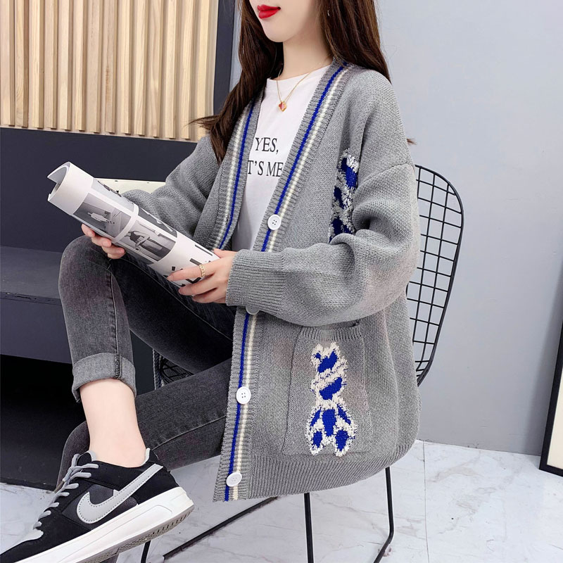 Korean style cartoon sweater cardigan for women  new autumn versatile loose lazy style knitted jacket