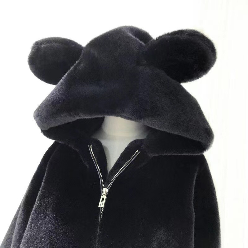  new winter hooded loose cute bear ears thickened plush mid-length coat for women