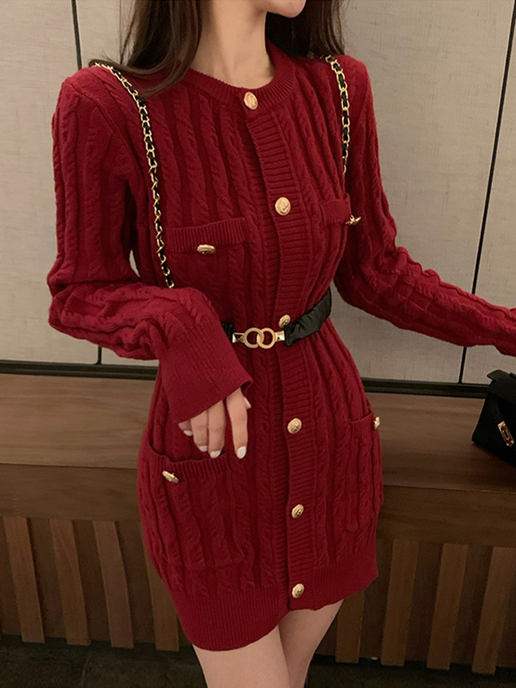 红色连体毛衣女秋季小香风长袖气质收腰修身麻花中长款针织连衣裙