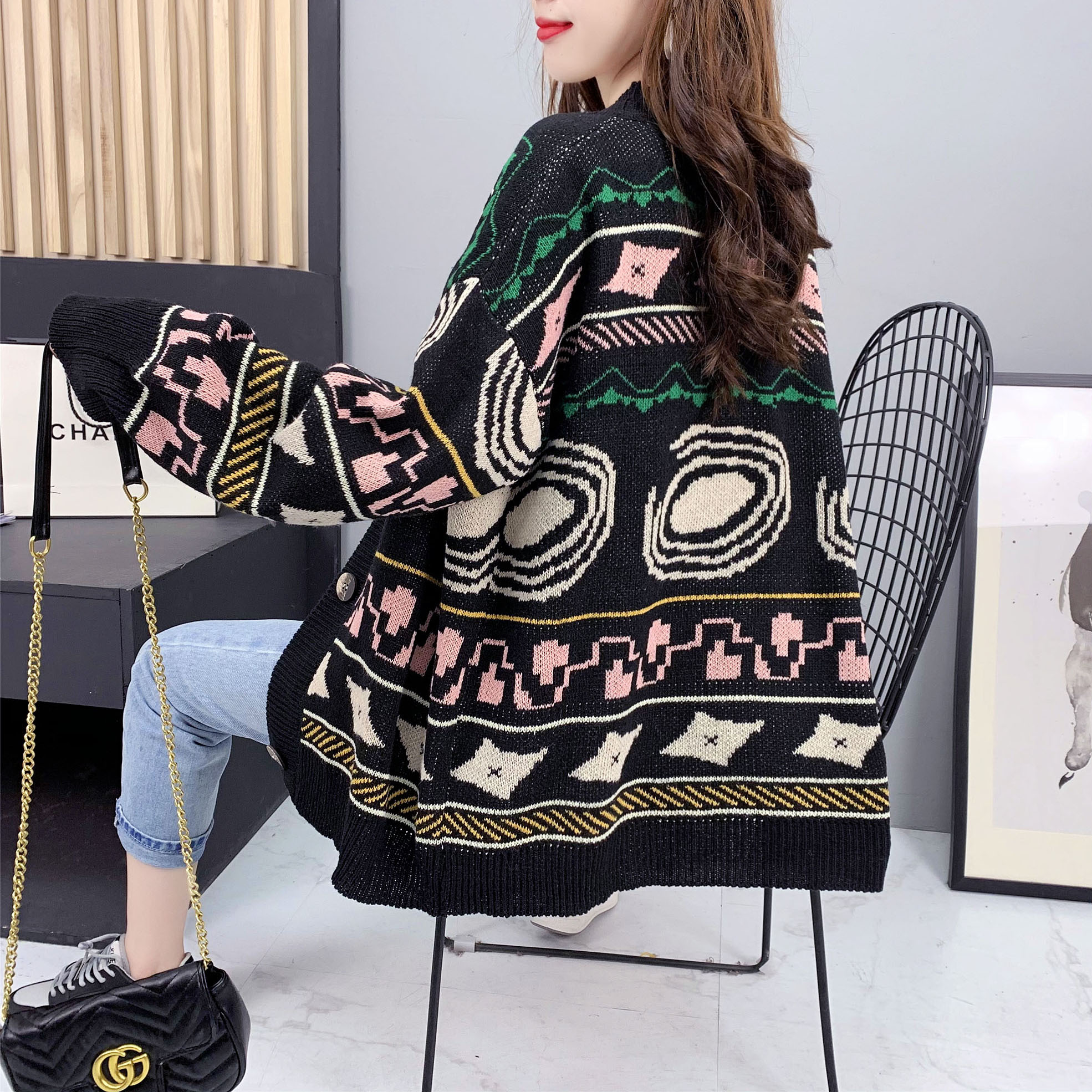 Retro jacquard knitted cardigan women's spring new style lazy sweater jacket spring and autumn loose outer wear trend