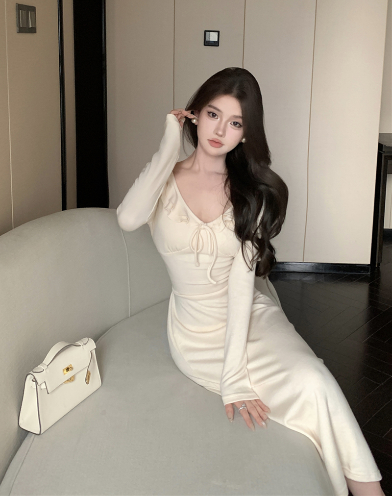 實拍復古性感V領荷葉邊綁帶收腰顯瘦長袖針織連衣裙女