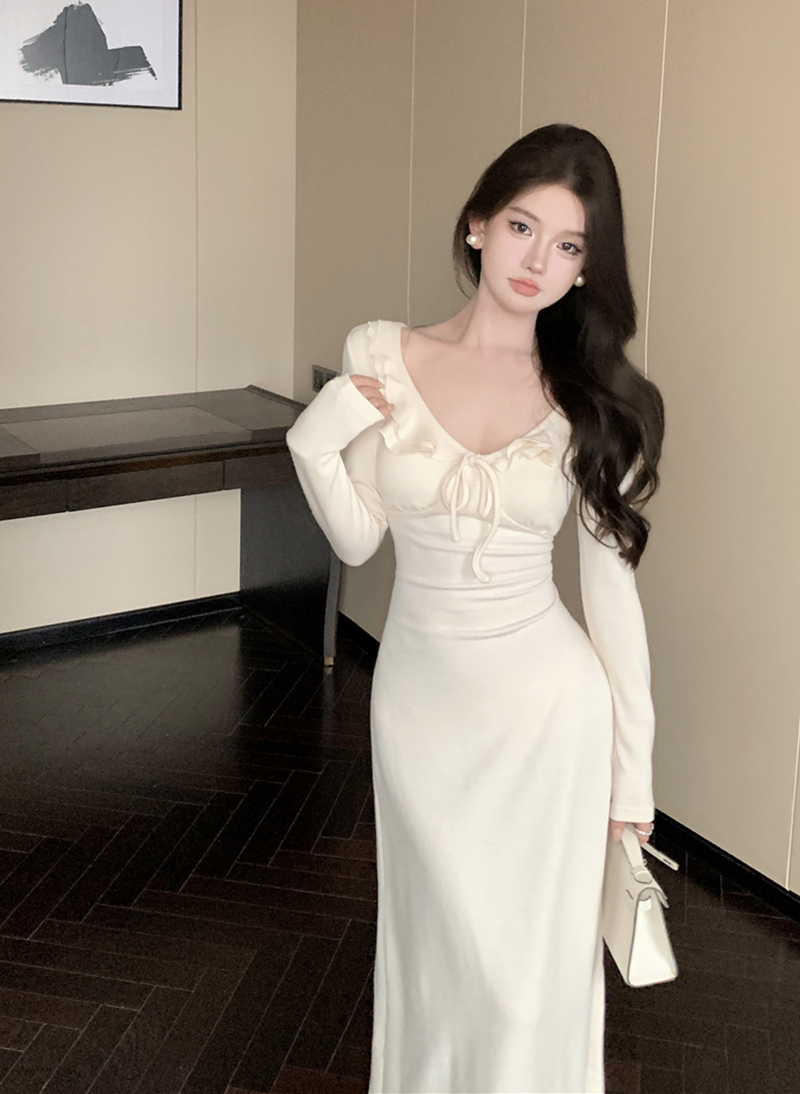 實拍復古性感V領荷葉邊綁帶收腰顯瘦長袖針織連衣裙女