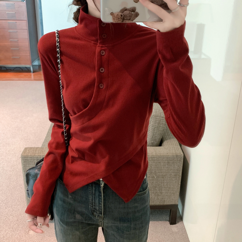 實拍 秋季復古設計感立領磨毛打底衫女修身氣質內搭長袖T恤女