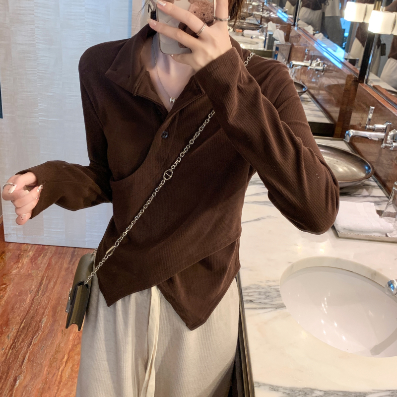 實拍 秋季復古設計感立領磨毛打底衫女修身氣質內搭長袖T恤女
