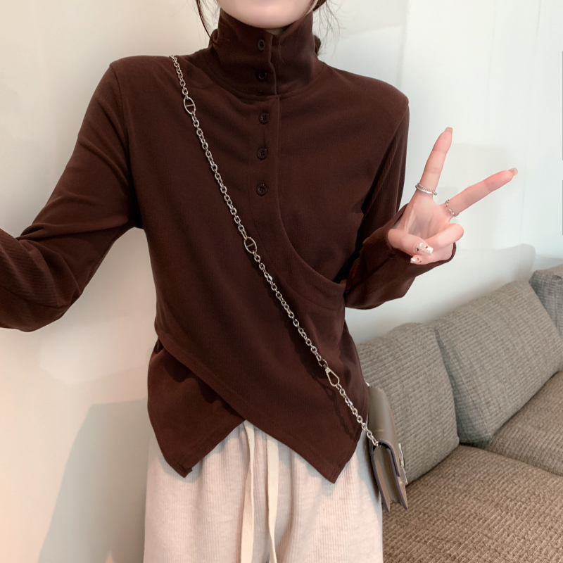 實拍 秋季復古設計感立領磨毛打底衫女修身氣質內搭長袖T恤女