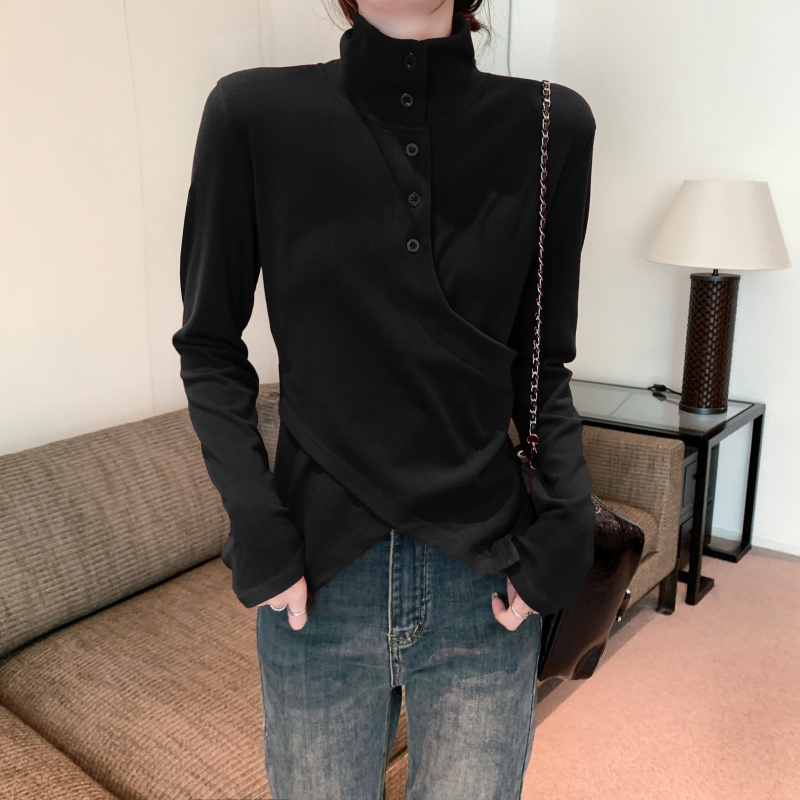 實拍 秋季復古設計感立領磨毛打底衫女修身氣質內搭長袖T恤女