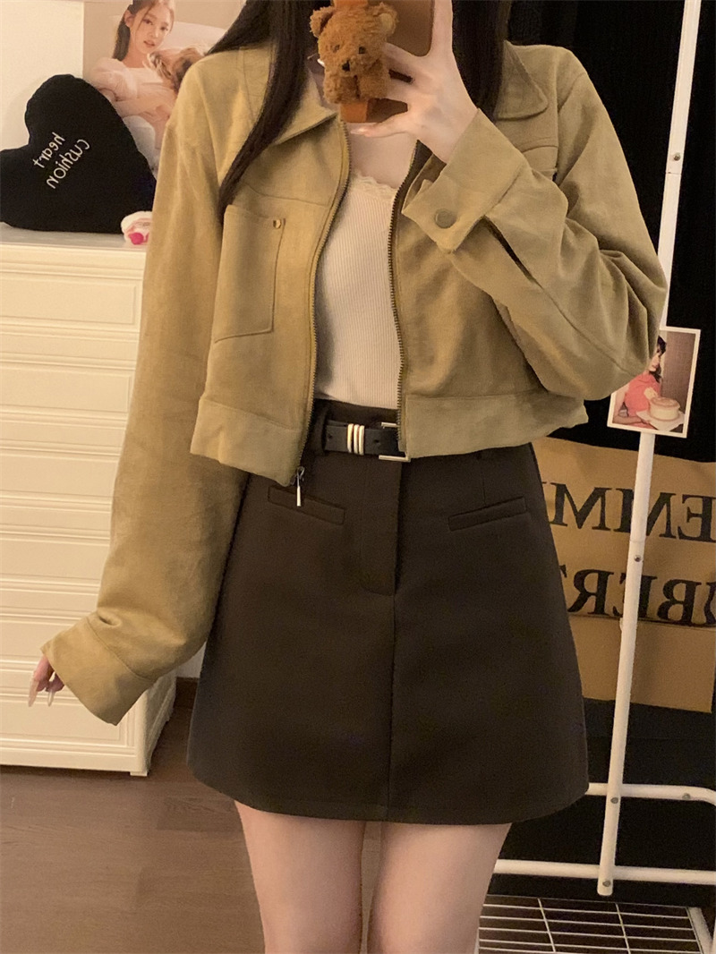 American retro gray high-waist a-line skirt for women autumn and winter new 2023 slim and sexy hot girl hip-covering short skirt