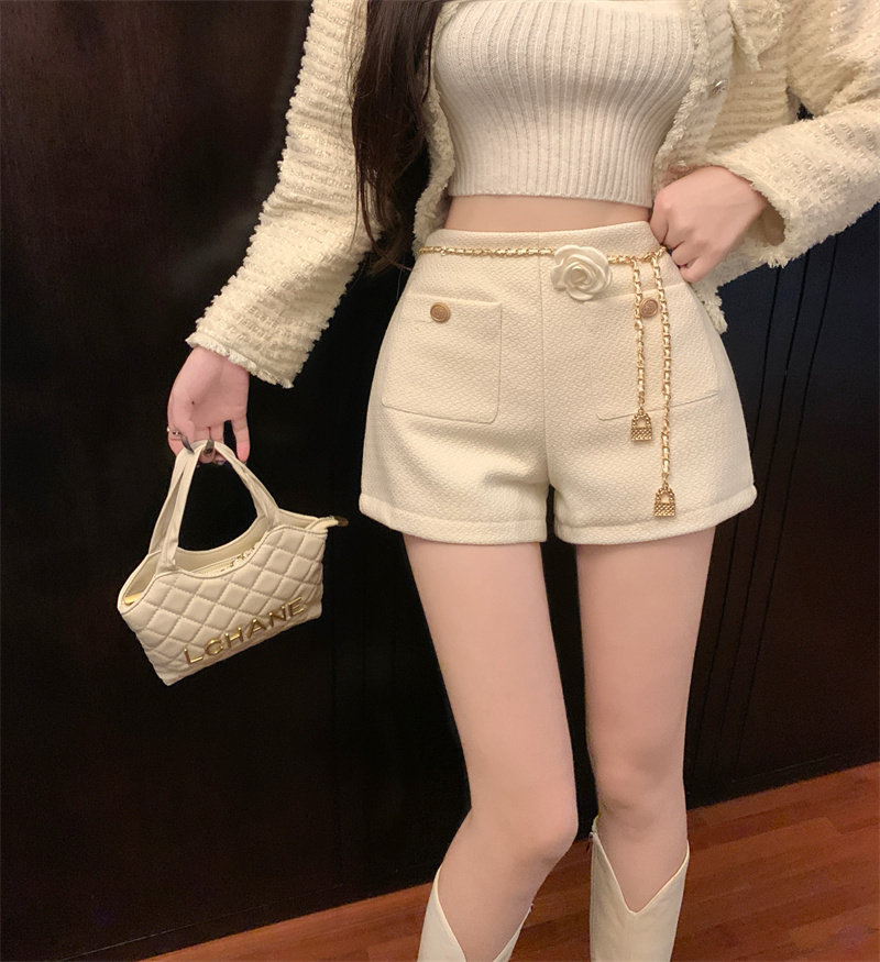 Real shot of classic pants king/rich daughter style tweed small fragrant style shorts for women high waist a line woolen pants