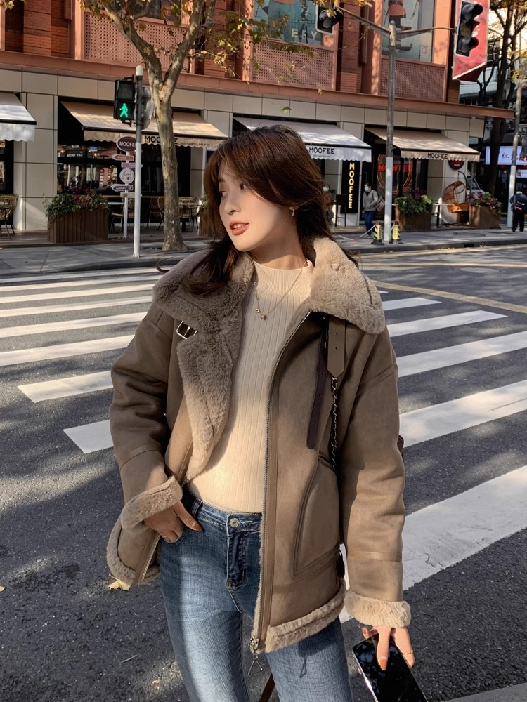 Fur integrated lambskin jacket for women winter  new Korean style high-end imitation lambskin suede motorcycle jacket