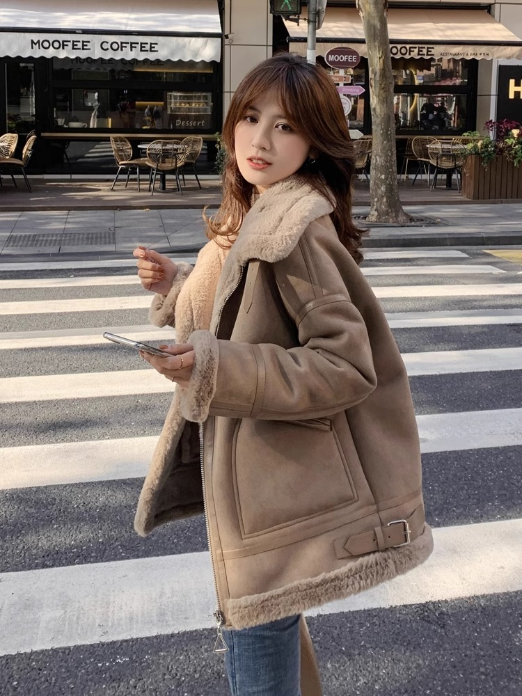 Fur integrated lambskin jacket for women winter  new Korean style high-end imitation lambskin suede motorcycle jacket