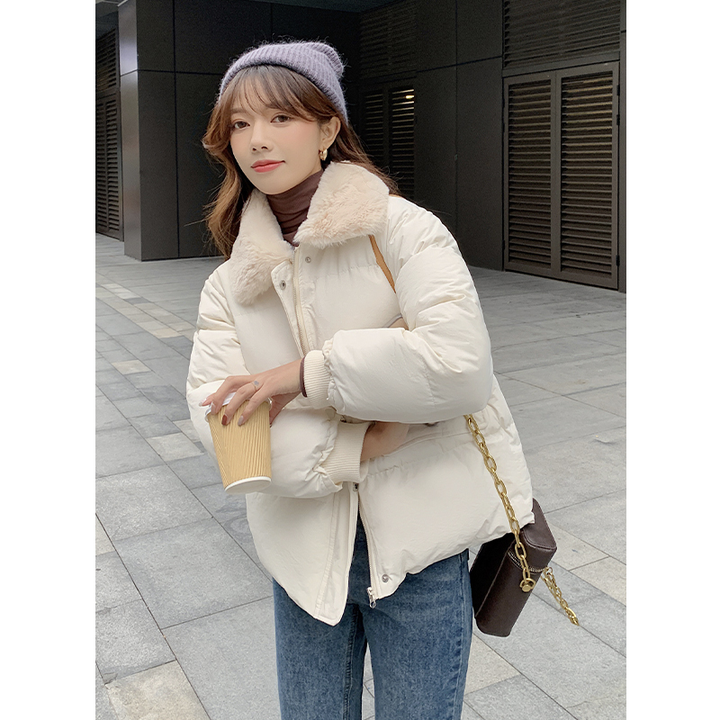 Actual shot of  autumn and winter new Korean style women's fur collar, large pockets, short thickened solid color cotton coat