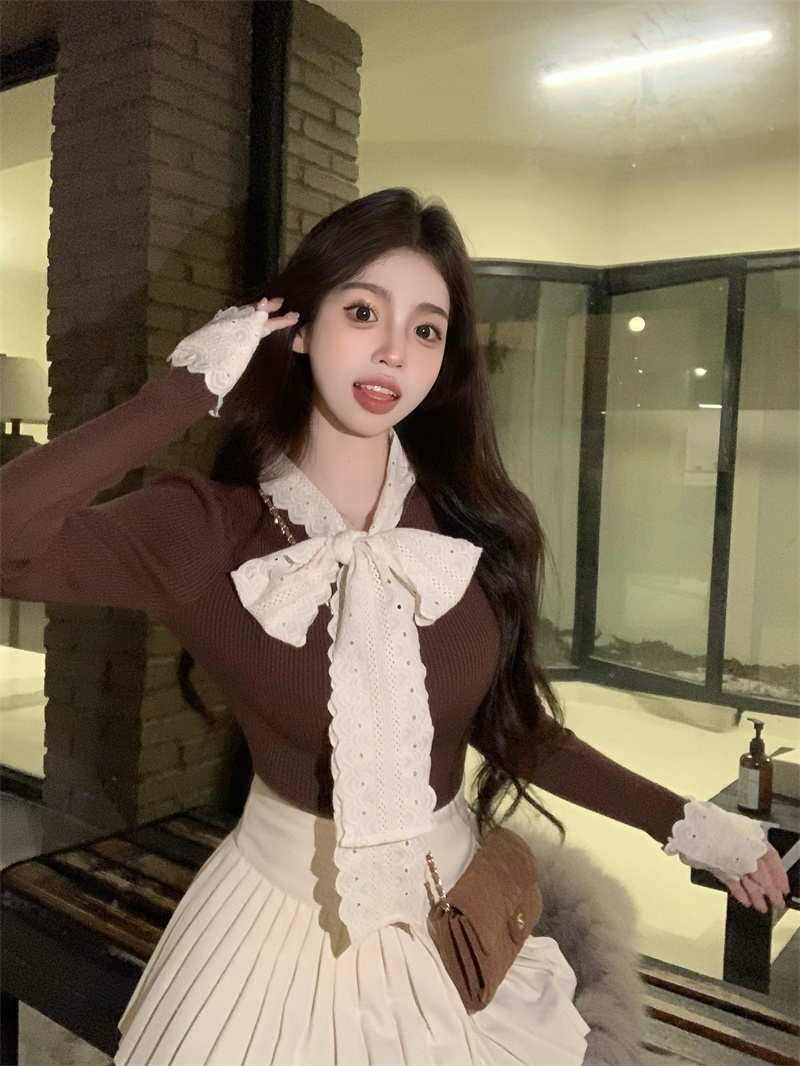 Real shot French sweet lace bow long-sleeved sweater bottoming top with sweater underneath