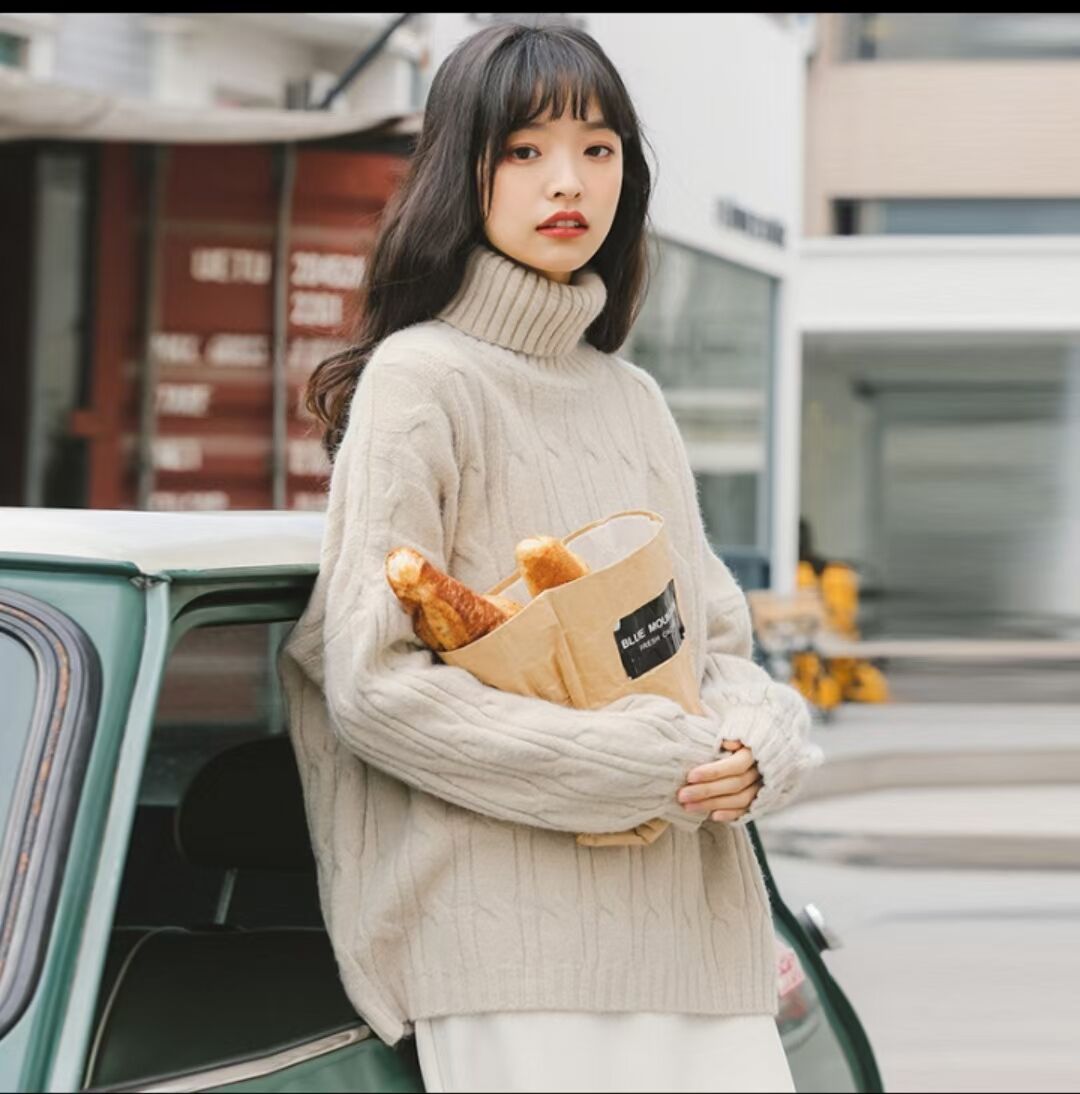 Korean turtleneck sweater for women in autumn and winter new style retro loose outer wear thickened twist pullover sweater jacket