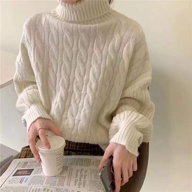 Korean turtleneck sweater for women in autumn and winter new style retro loose outer wear thickened twist pullover sweater jacket