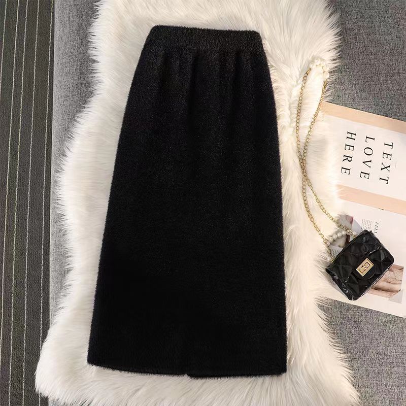 Mink fur back slit one-step skirt women's autumn and winter wool knitted high waist slimming mid-length skirt