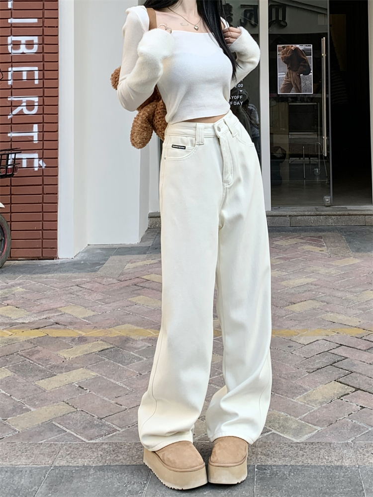 Actual shot ~ White velvet thickened jeans for women, high-waisted slimming straight wide-leg floor-length trousers