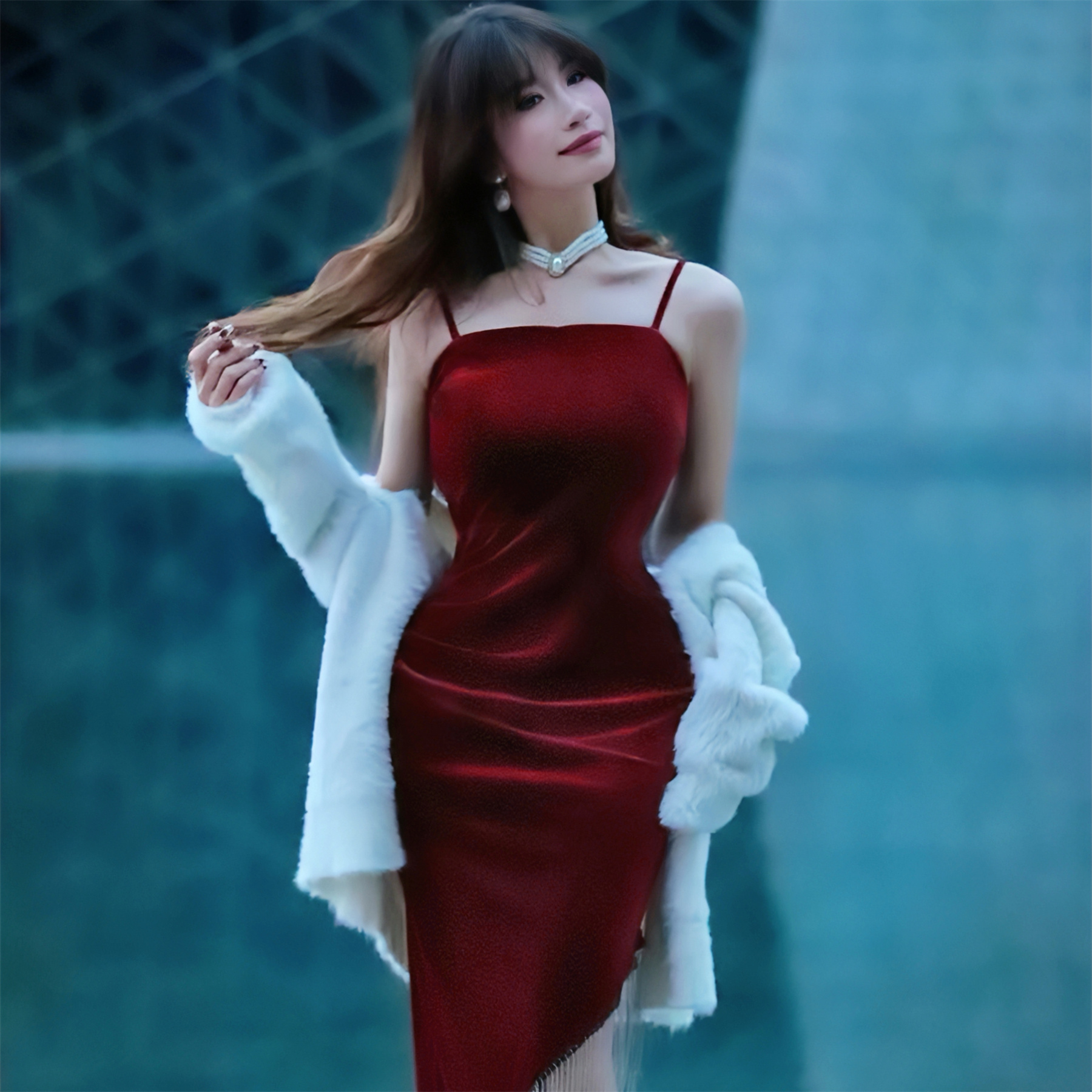 Real shot of noble lady's flowing bead design dress, square neck dress, slimming and slit long skirt