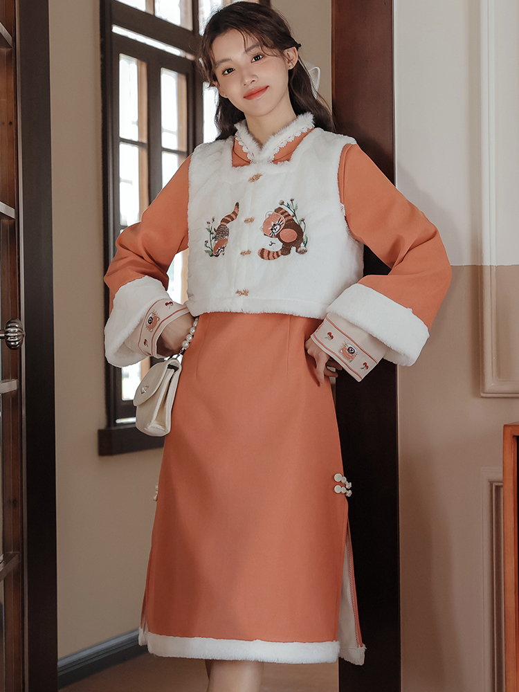 過年新中式連衣裙子女小個子加絨冬裝搭配連衣裙馬甲套裝