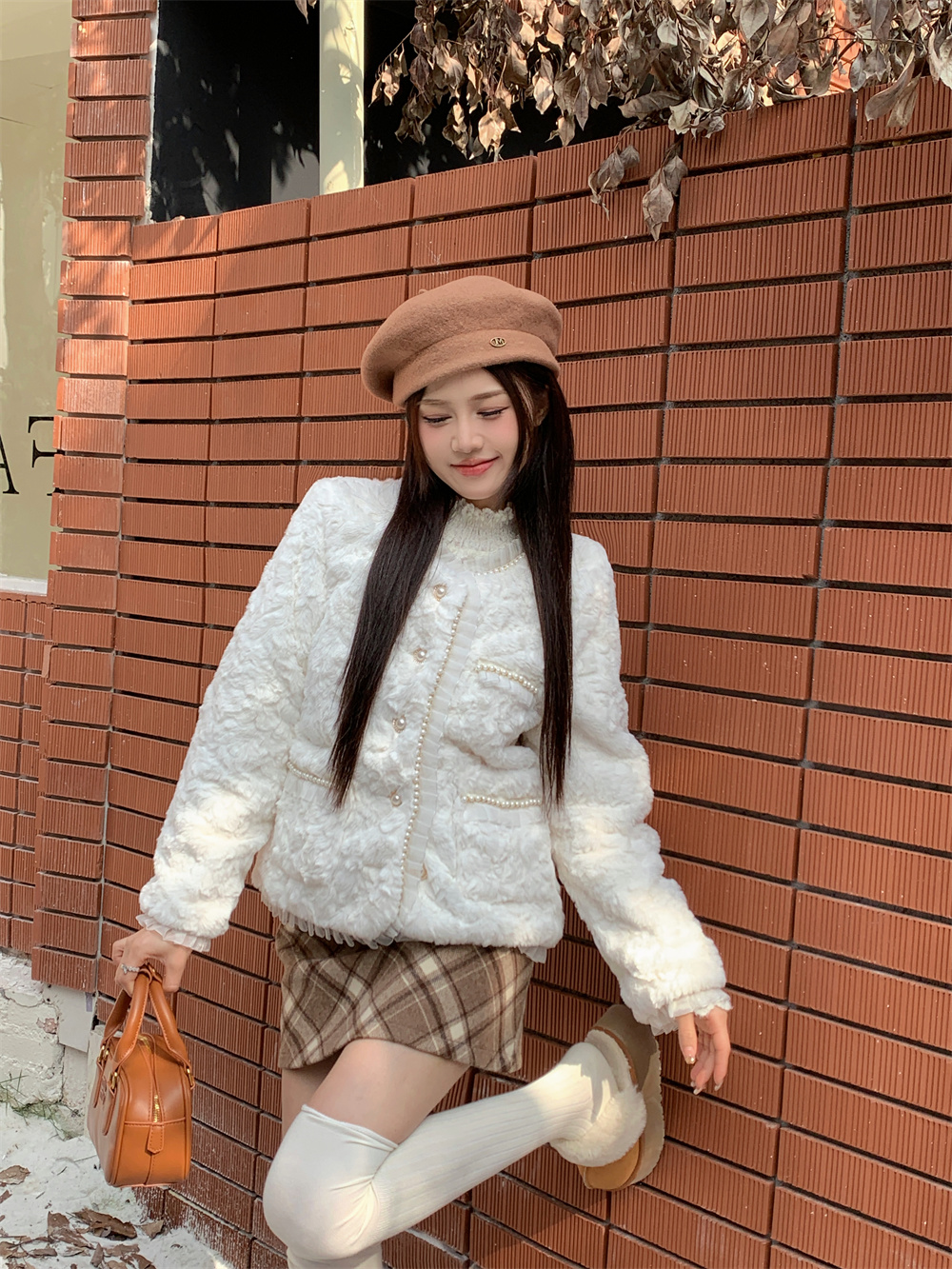 Actual shot~Korean style women's small fragrance quilted thickened pearl plush fur coat top