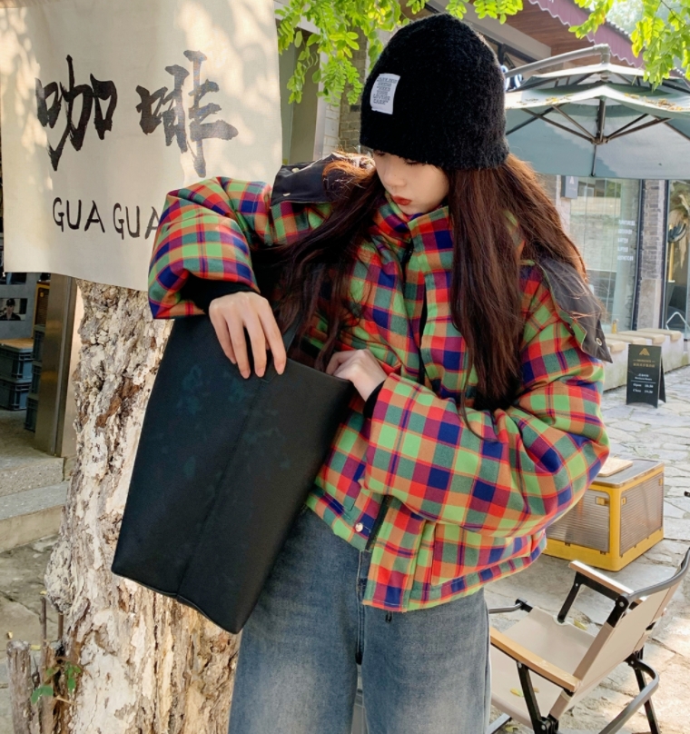 复古格子短款棉服女秋冬季时尚新款韩版连帽加厚面包服