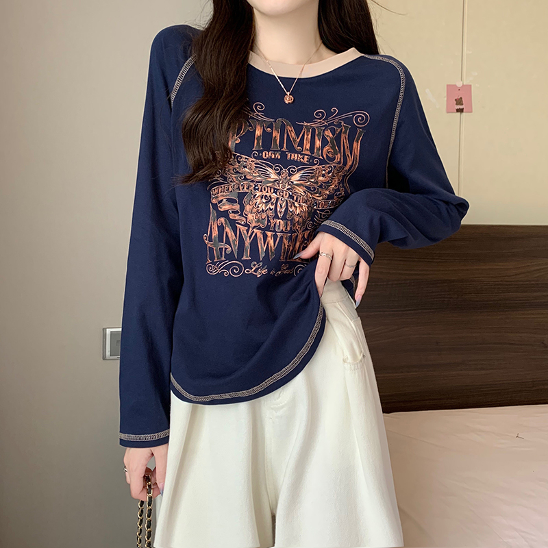 Real shot Spring and Autumn 1*1 threaded 210g round neck color matching printed topstitch decorative bottoming shirt top long sleeve t-shirt for women