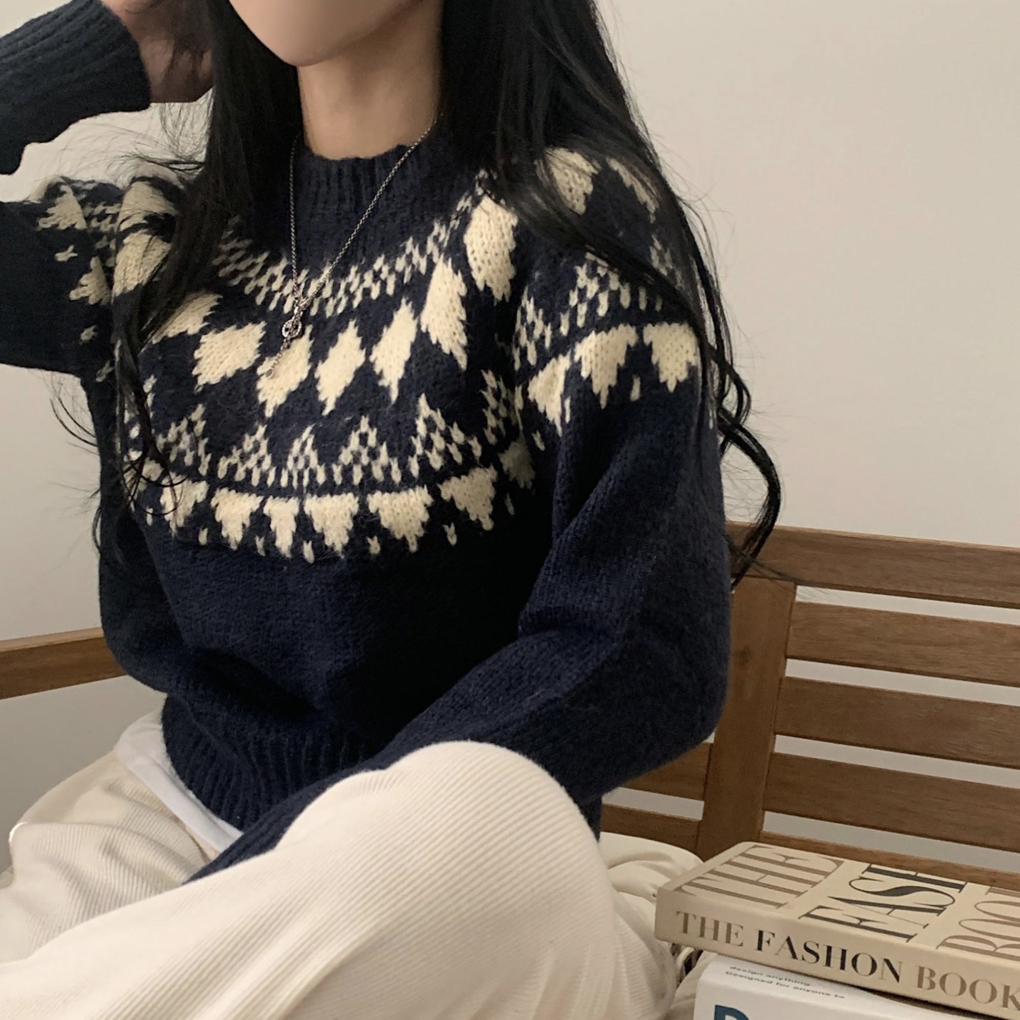 韩国ins秋冬 圣诞红 气质 菱形格纹 长袖毛衣针织衫