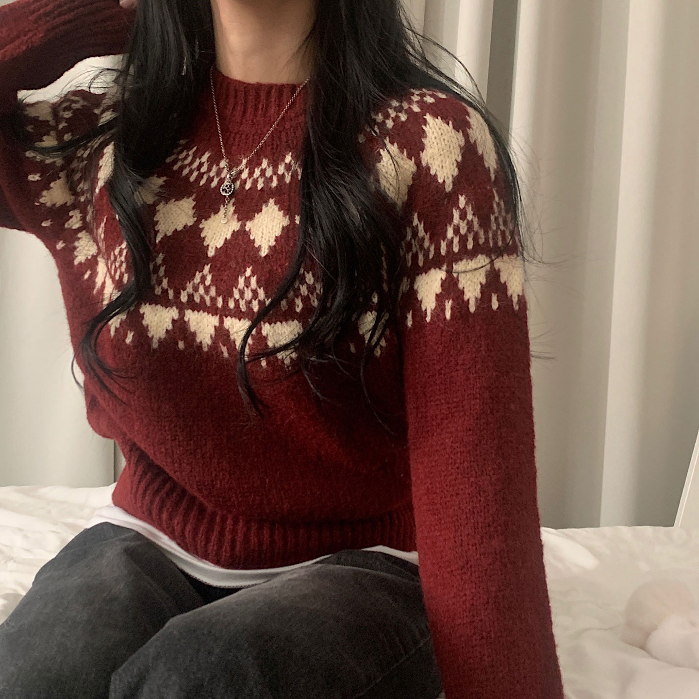 韩国ins秋冬 圣诞红 气质 菱形格纹 长袖毛衣针织衫