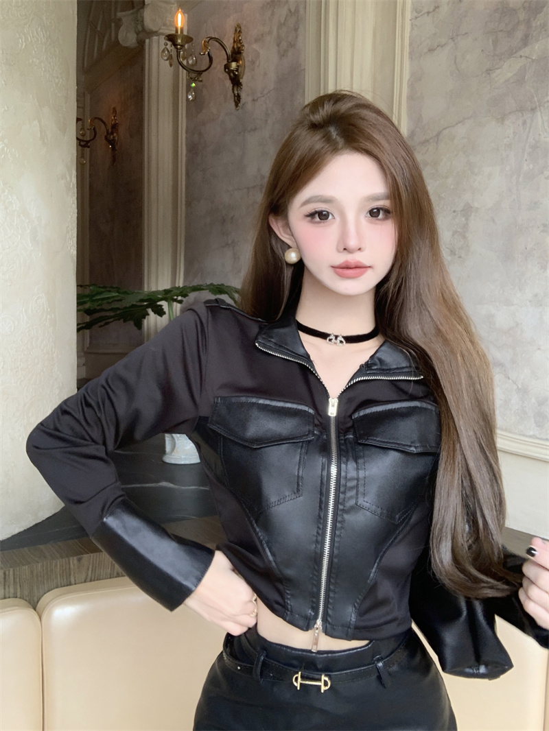 Actual shot ~  autumn and winter new design stitching PU leather lapel double zipper long-sleeved cardigan jacket