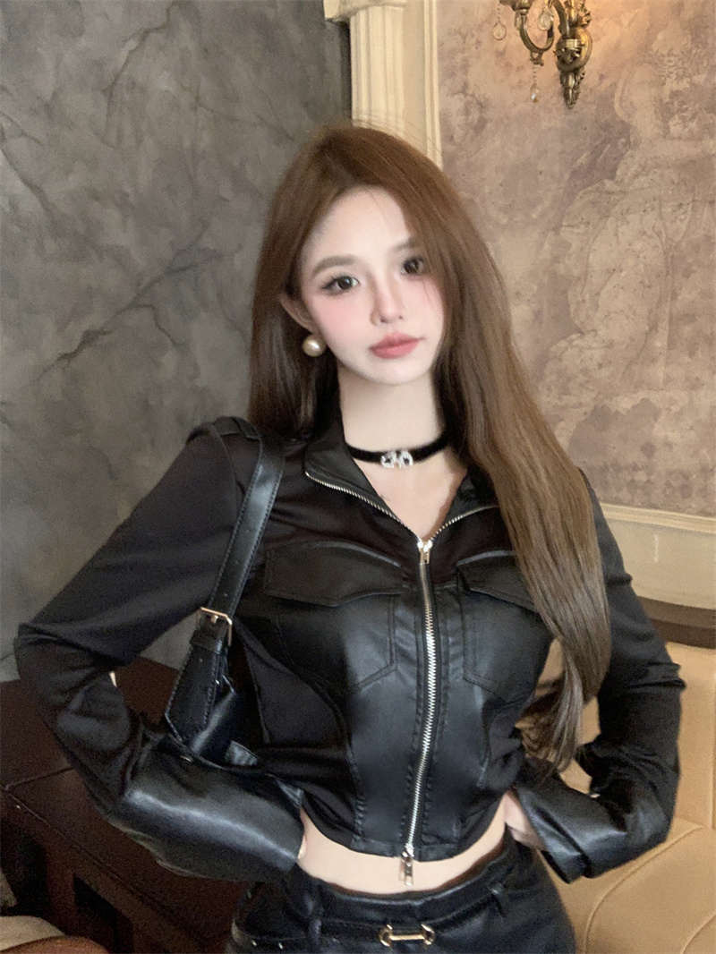 Actual shot ~  autumn and winter new design stitching PU leather lapel double zipper long-sleeved cardigan jacket
