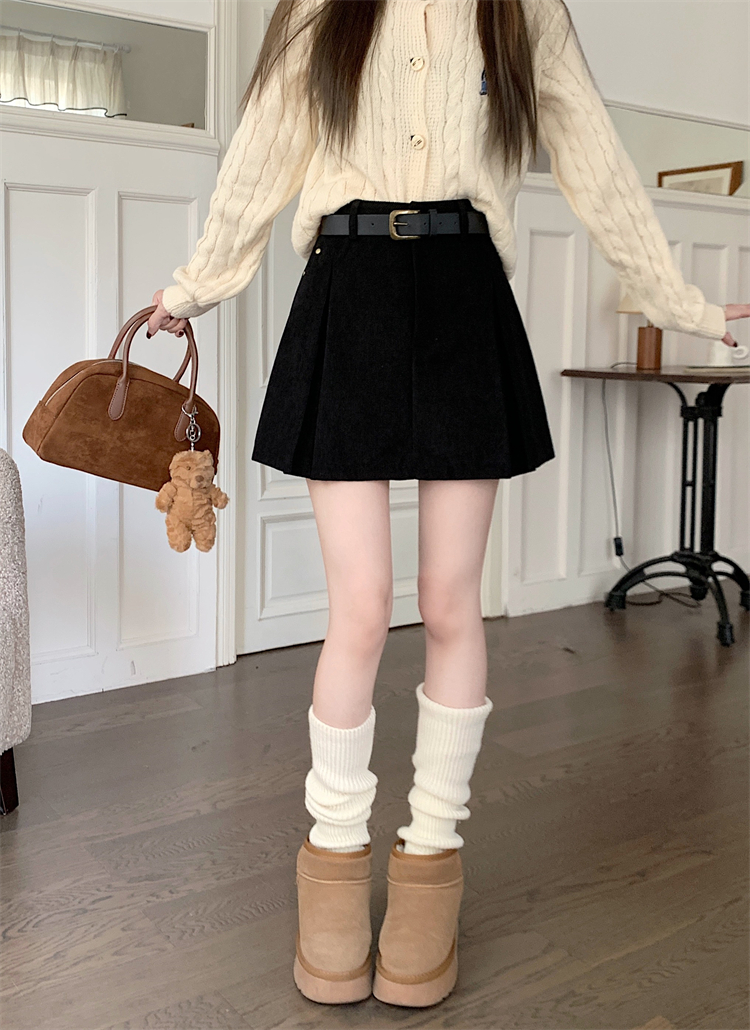 Actual shot ~Vintage Maillard corduroy skirt for women, high waist slimming A-line pleated skirt