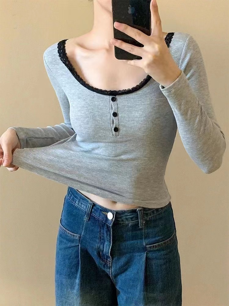 Delong Korean style hot girl design long-sleeved T-shirt for women spring and autumn 2024 new slim fit short top