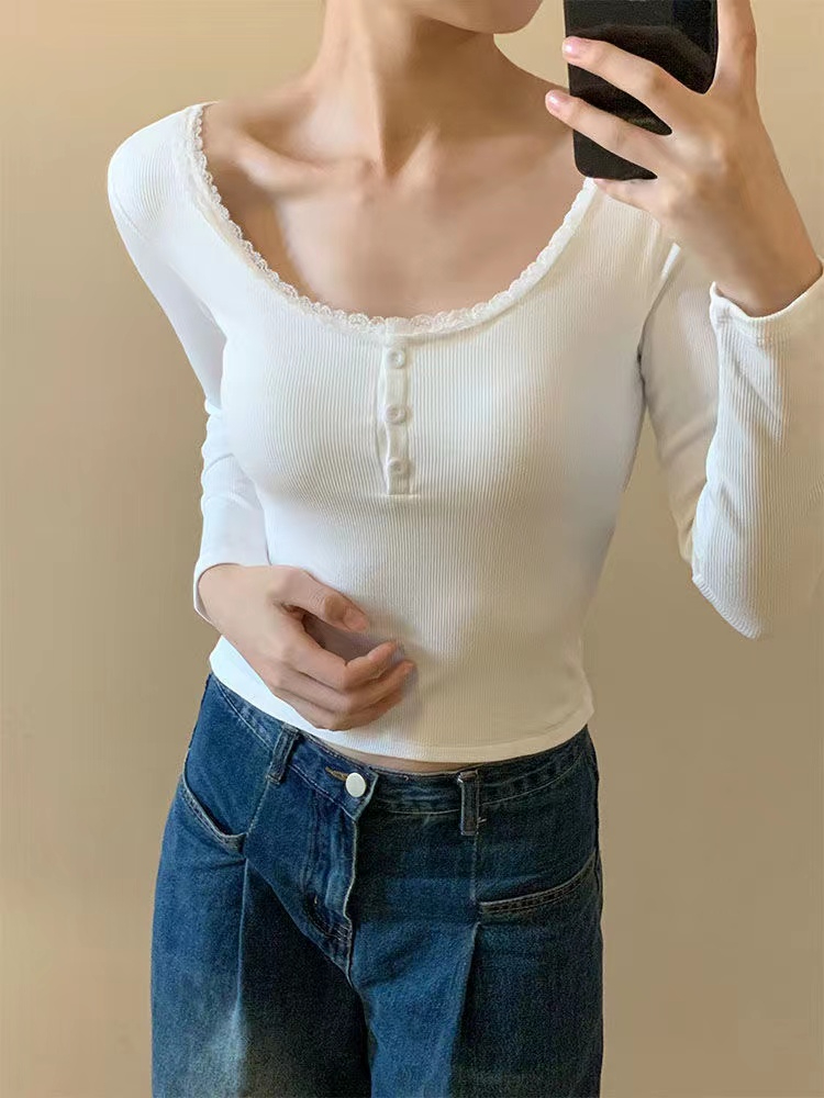 Delong Korean style hot girl design long-sleeved T-shirt for women spring and autumn 2024 new slim fit short top