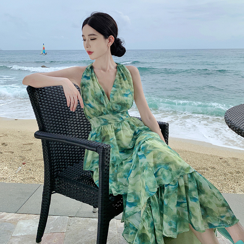 實拍法式度假暈染綠色掛脖吊帶蛋糕連衣裙夏季新款