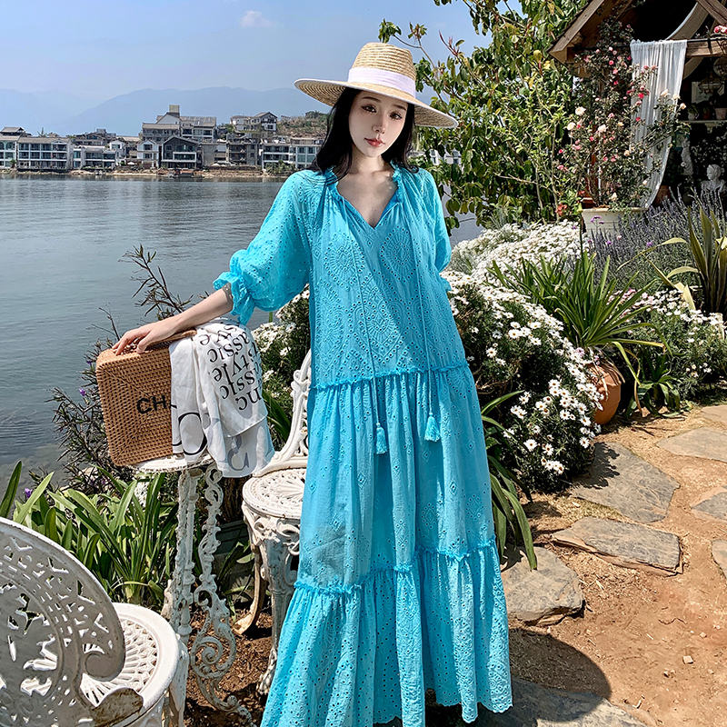 實拍度假抽繩流蘇鏤空蕾絲藍色中長款波西米亞仙女連衣裙超仙