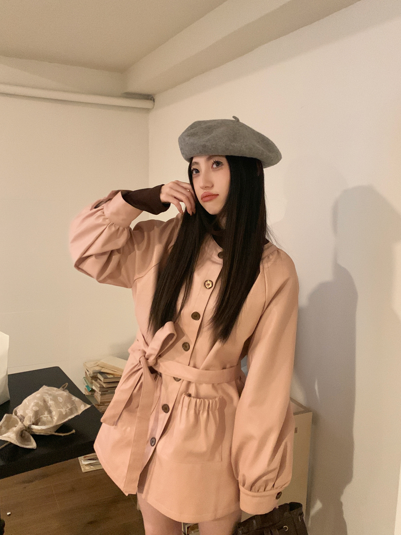 Real shot of autumn and winter new trendy sweet and cool round neck raglan sleeve leather jacket PU jacket dress for women