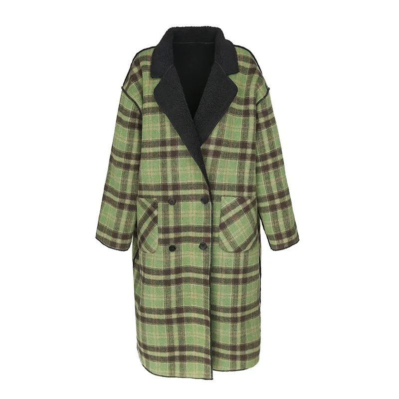 Reversible coat autumn and winter new niche retro white coffee green long thickened plaid coat for women