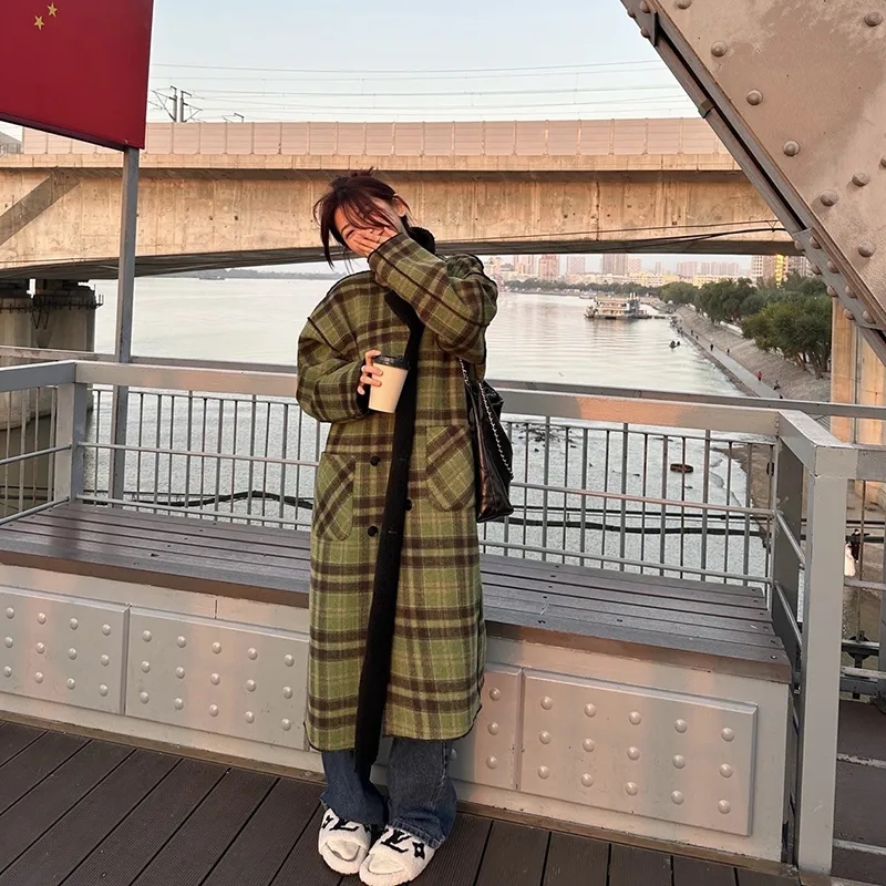 Reversible coat autumn and winter new niche retro white coffee green long thickened plaid coat for women