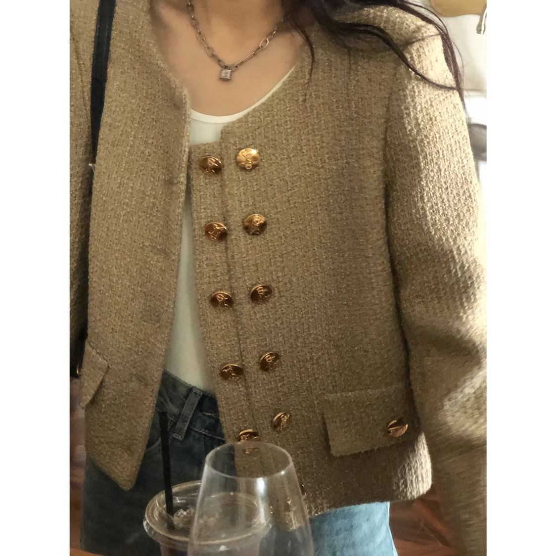High-end small fragrance style jacket, feminine style, ladylike short style, spring and autumn new style, loose and versatile double-breasted cardigan top