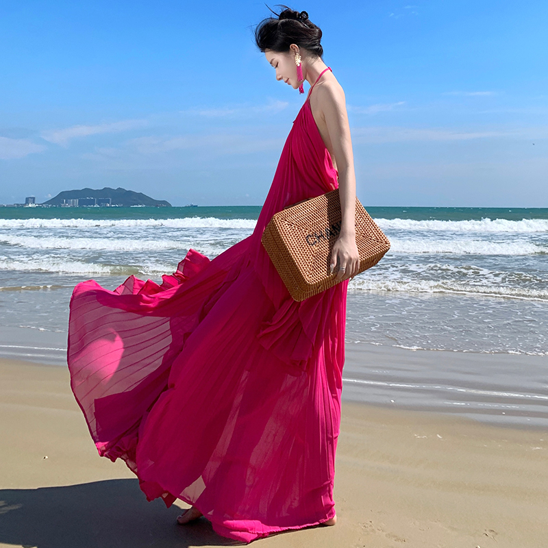 超仙海邊度假連衣裙露背長裙高級感氛圍拍照女神穿搭性感仙氣套裝