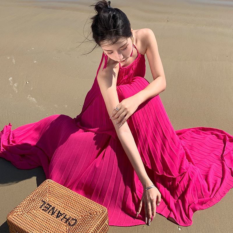 超仙海邊度假連衣裙露背長裙高級感氛圍拍照女神穿搭性感仙氣套裝