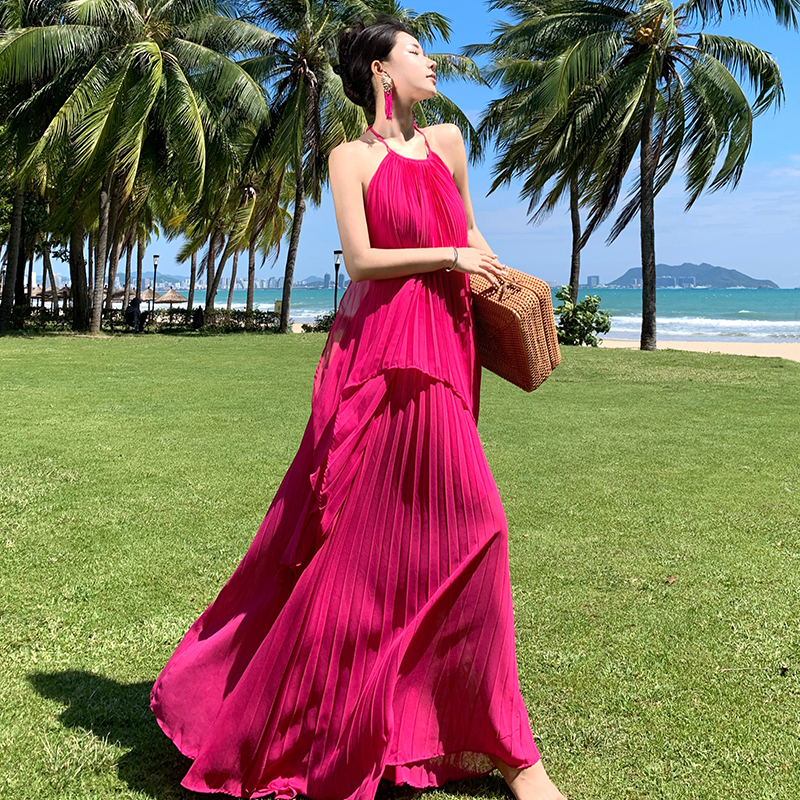 超仙海邊度假連衣裙露背長裙高級感氛圍拍照女神穿搭性感仙氣套裝
