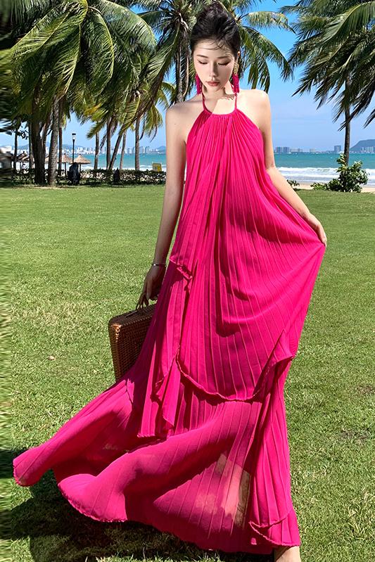 超仙海邊度假連衣裙露背長裙高級感氛圍拍照女神穿搭性感仙氣套裝