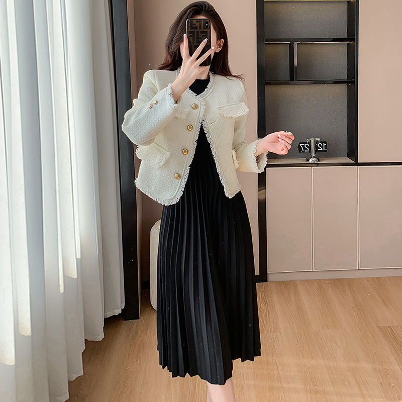 實拍秋冬新款法式氣質粗花呢流蘇女兩件套寬松顯瘦長袖夾棉加厚