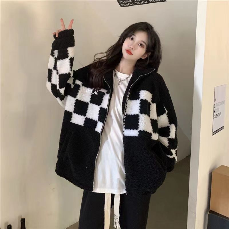 Sheep wool coat for women checkerboard zipper loose niche design autumn and winter new coat women's clothing cotton jacket trendy