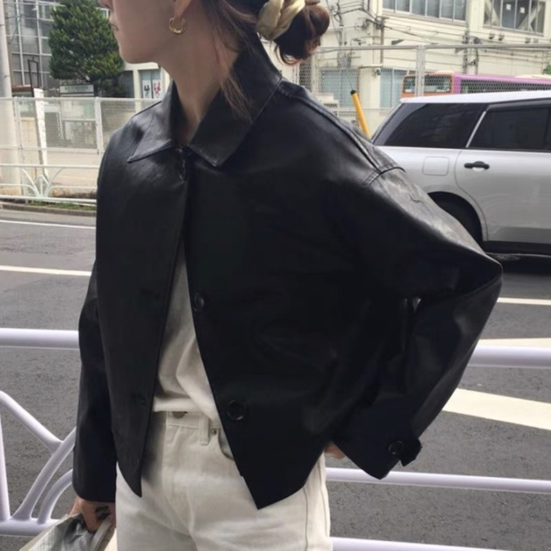 South Korea's  new autumn style retro handsome motorcycle simple loose short jacket imitation leather jacket for women